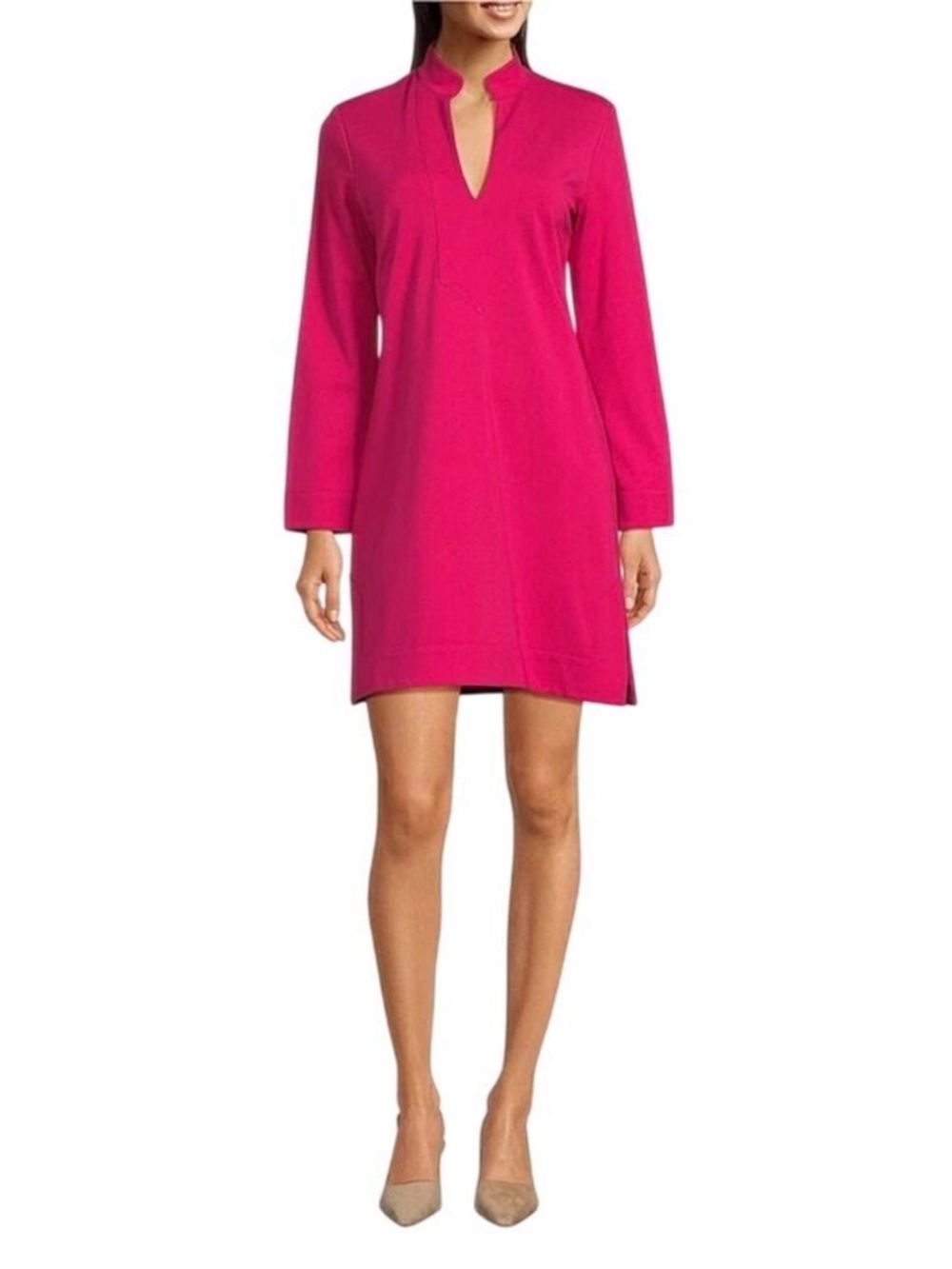 NWT Jude Connally Kate Ponte V-Neck Stand Collar Bracelet Sleeve Pink Dress